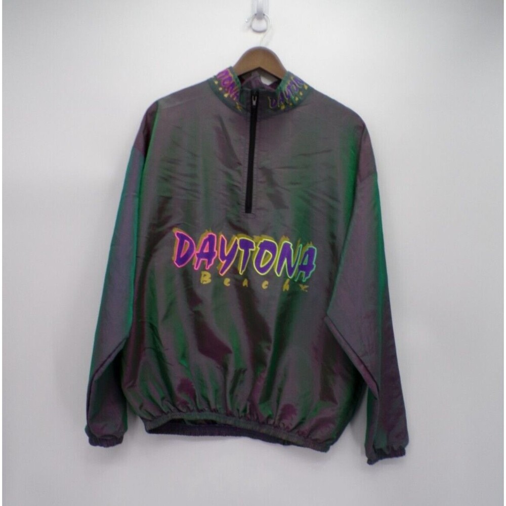 Vintage Iridescent Green Pullover Windbreaker Jacket Daytona Beach Surf Style OS